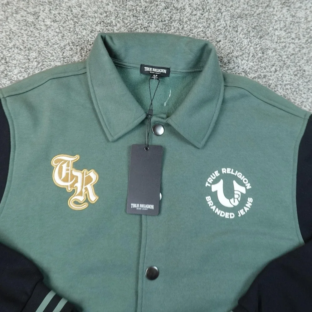 NEW True Religion Jacket Mens M Green Black Collared Varsity Snap Bomber Coat